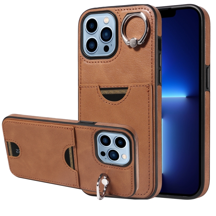 

For iPhone 13 Pro Max Calf Texture Card Slot Ring Holder Phone Case(Brown)