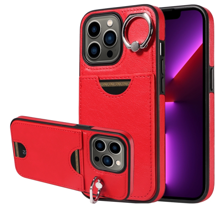 

For iPhone 13 Pro Calf Texture Card Slot Ring Holder Phone Case(Red)