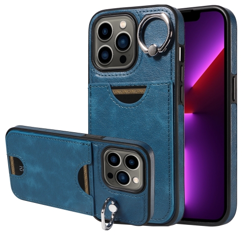

For iPhone 13 Pro Calf Texture Card Slot Ring Holder Phone Case(Blue)