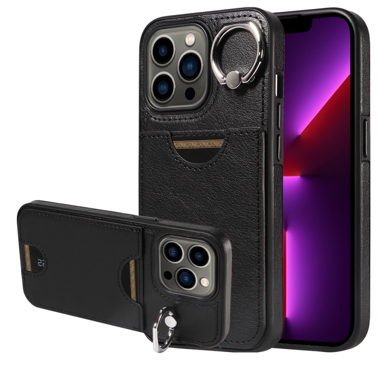 

For iPhone 13 Pro Calf Texture Card Slot Ring Holder Phone Case(Black)