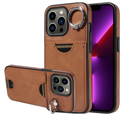 

For iPhone 13 Pro Calf Texture Card Slot Ring Holder Phone Case(Brown)
