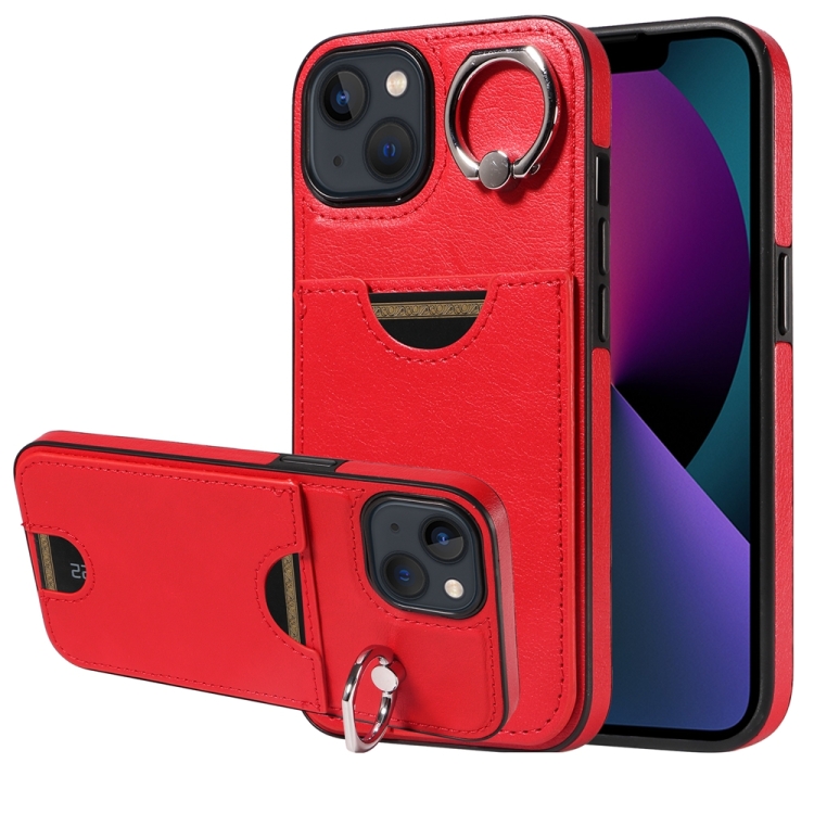 

For iPhone 13 Calf Texture Card Slot Ring Holder Phone Case(Red)