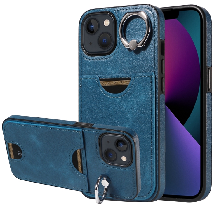 

For iPhone 13 Calf Texture Card Slot Ring Holder Phone Case(Blue)