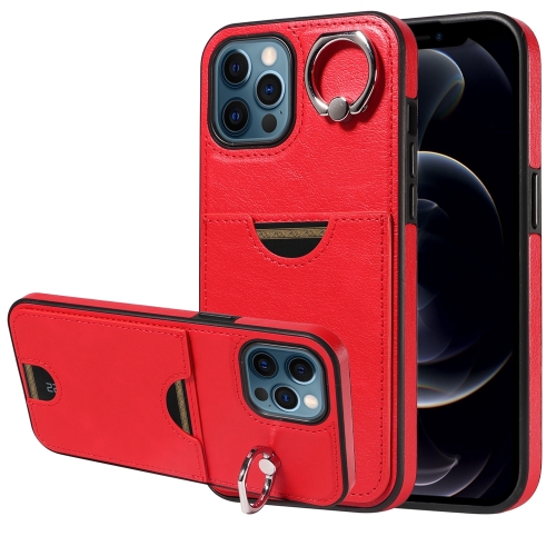 

For iPhone 12 Pro Max Calf Texture Card Slot Ring Holder Phone Case(Red)