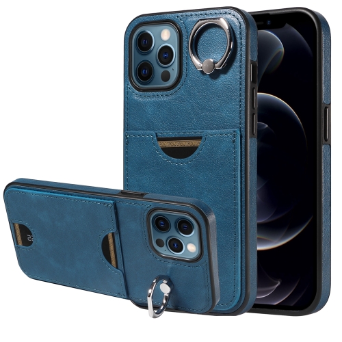 

For iPhone 12 Pro Max Calf Texture Card Slot Ring Holder Phone Case(Blue)