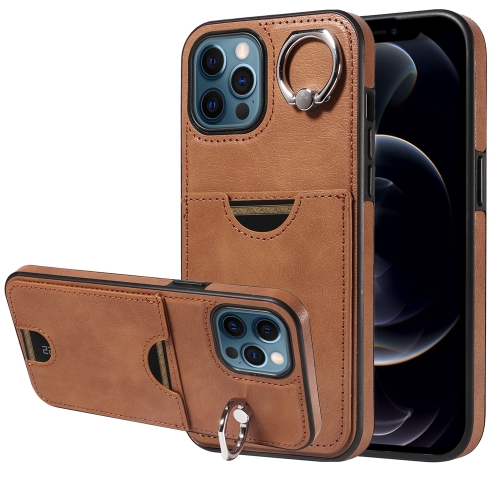 

For iPhone 12 Pro Max Calf Texture Card Slot Ring Holder Phone Case(Brown)