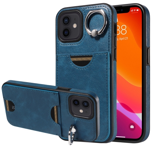 

For iPhone 12 / 12 Pro Calf Texture Card Slot Ring Holder Phone Case(Blue)