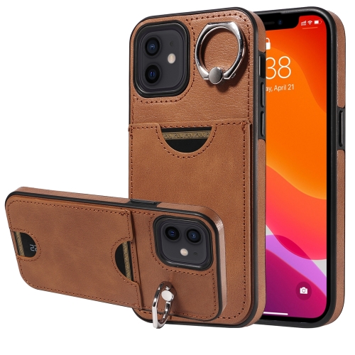 

For iPhone 12 / 12 Pro Calf Texture Card Slot Ring Holder Phone Case(Brown)