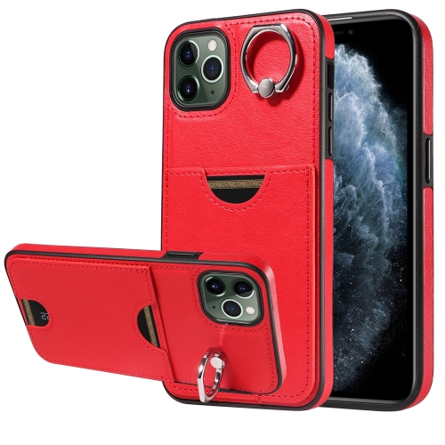 

For iPhone 11 Pro Max Calf Texture Card Slot Ring Holder Phone Case(Red)