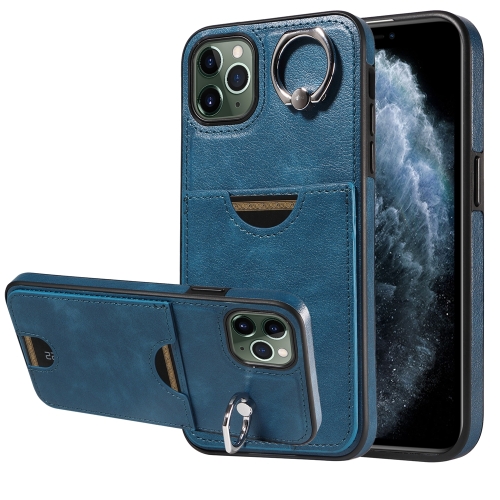 

For iPhone 11 Pro Max Calf Texture Card Slot Ring Holder Phone Case(Blue)