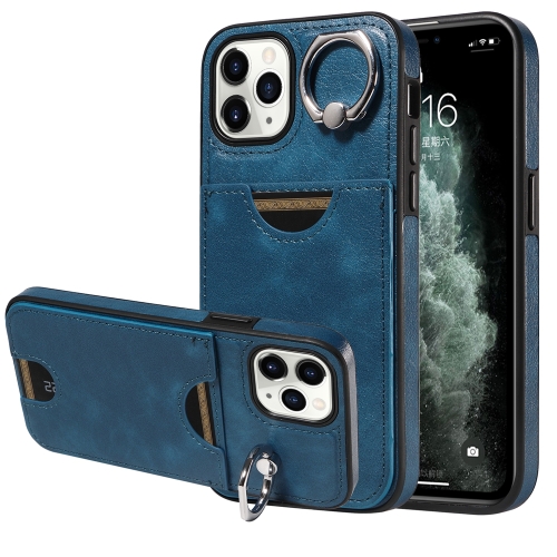 

For iPhone 11 Pro Calf Texture Card Slot Ring Holder Phone Case(Blue)