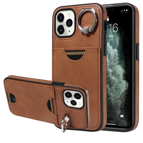 

For iPhone 11 Pro Calf Texture Card Slot Ring Holder Phone Case(Brown)