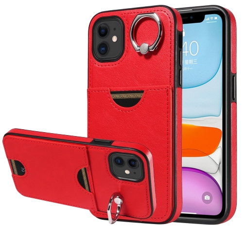 

For iPhone 11 Calf Texture Card Slot Ring Holder Phone Case(Red)