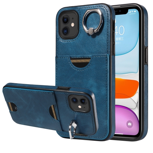 

For iPhone 11 Calf Texture Card Slot Ring Holder Phone Case(Blue)