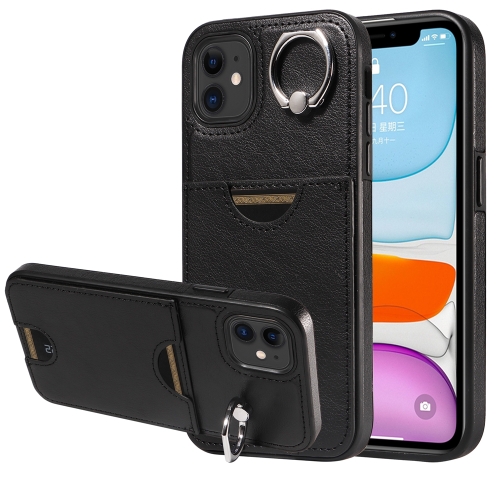 

For iPhone 11 Calf Texture Card Slot Ring Holder Phone Case(Black)