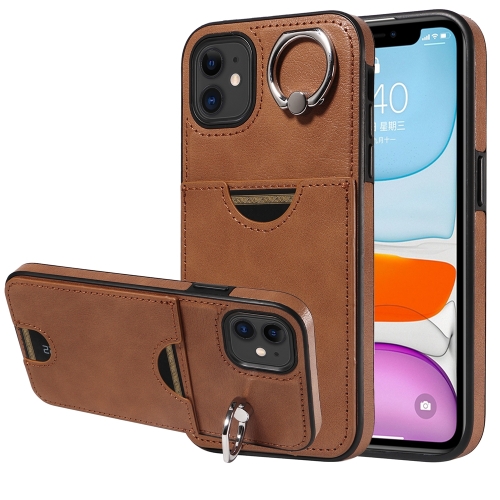

For iPhone 11 Calf Texture Card Slot Ring Holder Phone Case(Brown)