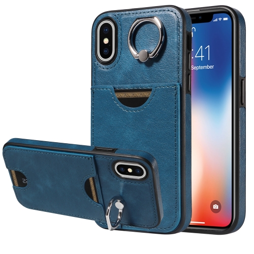 

For iPhone X / XS Calf Texture Card Slot Ring Holder Phone Case(Blue)