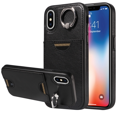 

For iPhone X / XS Calf Texture Card Slot Ring Holder Phone Case(Black)