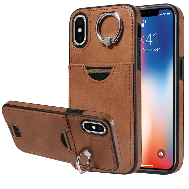

For iPhone X / XS Calf Texture Card Slot Ring Holder Phone Case(Brown)