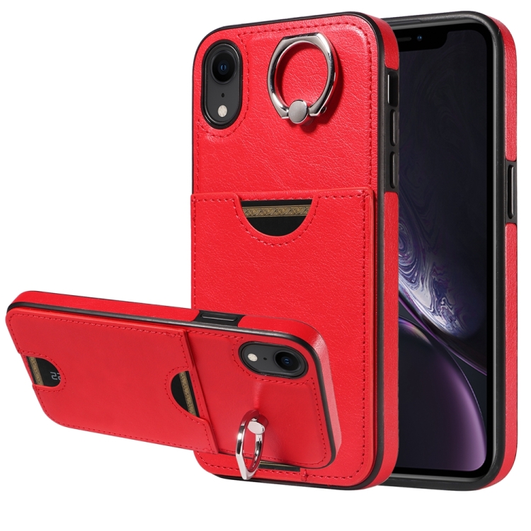 

For iPhone XR Calf Texture Card Slot Ring Holder Phone Case(Red)