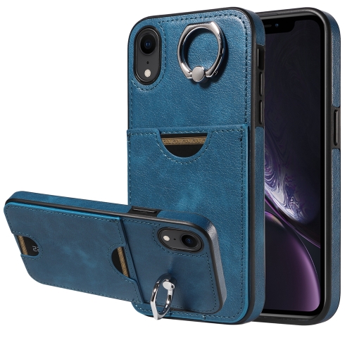 

For iPhone XR Calf Texture Card Slot Ring Holder Phone Case(Blue)