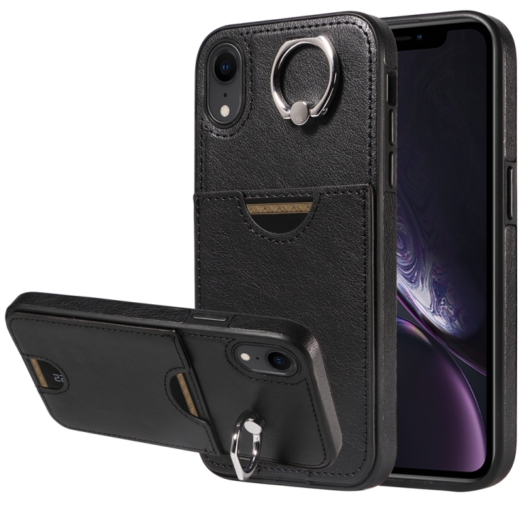 

For iPhone XR Calf Texture Card Slot Ring Holder Phone Case(Black)