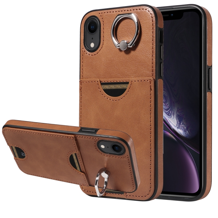

For iPhone XR Calf Texture Card Slot Ring Holder Phone Case(Brown)
