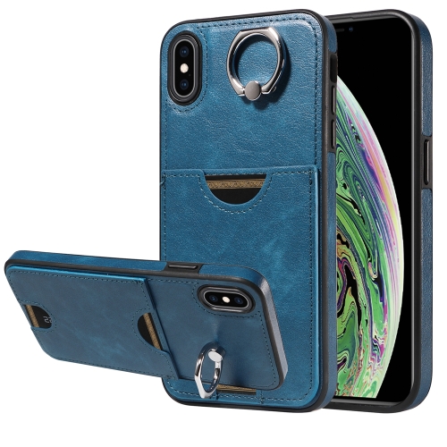 

For iPhone XS Max Calf Texture Card Slot Ring Holder Phone Case(Blue)
