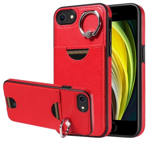 

For iPhone 2022 / 2020 / 8 / 7 Calf Texture Card Slot Ring Holder Phone Case(Red)