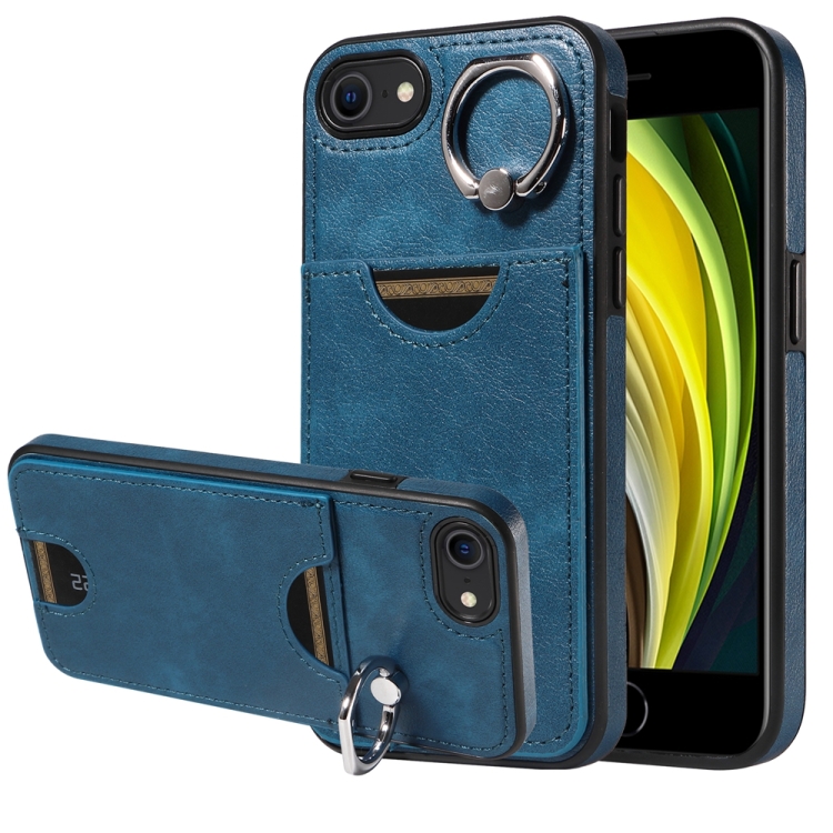 

For iPhone 2022 / 2020 / 8 / 7 Calf Texture Card Slot Ring Holder Phone Case(Blue)