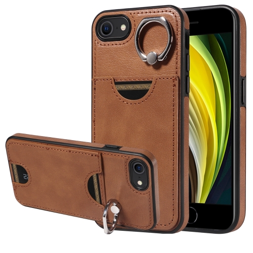 

For iPhone 2022 / 2020 / 8 / 7 Calf Texture Card Slot Ring Holder Phone Case(Brown)