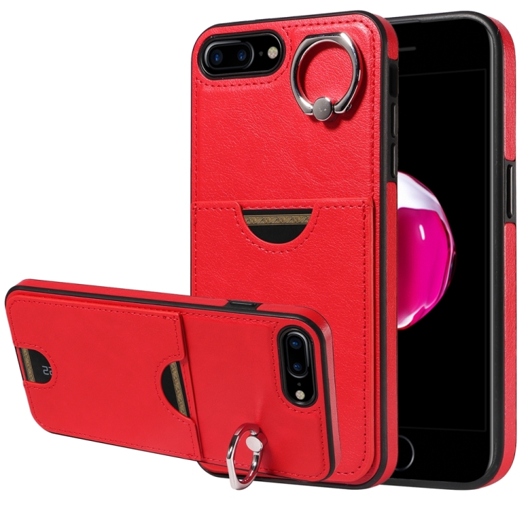 

For iPhone 8 Plus / 7 Plus Calf Texture Card Slot Ring Holder Phone Case(Red)