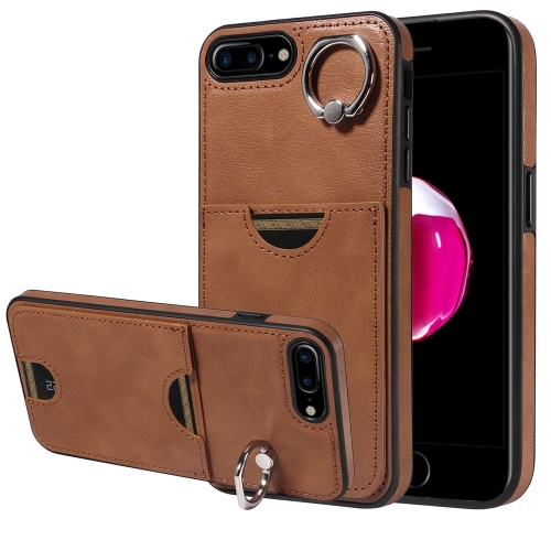 

For iPhone 8 Plus / 7 Plus Calf Texture Card Slot Ring Holder Phone Case(Brown)