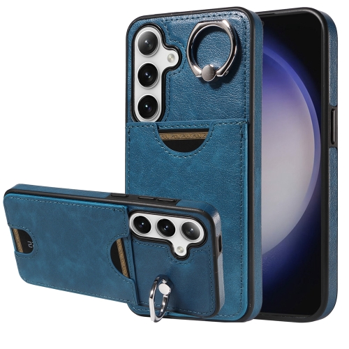 

For Samsung Galaxy S24 5G Calf Texture Card Slot Ring Holder Phone Case(Blue)