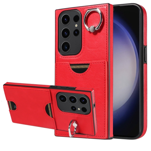 

For Samsung Galaxy S23 Ultra 5G Calf Texture Card Slot Ring Holder Phone Case(Red)