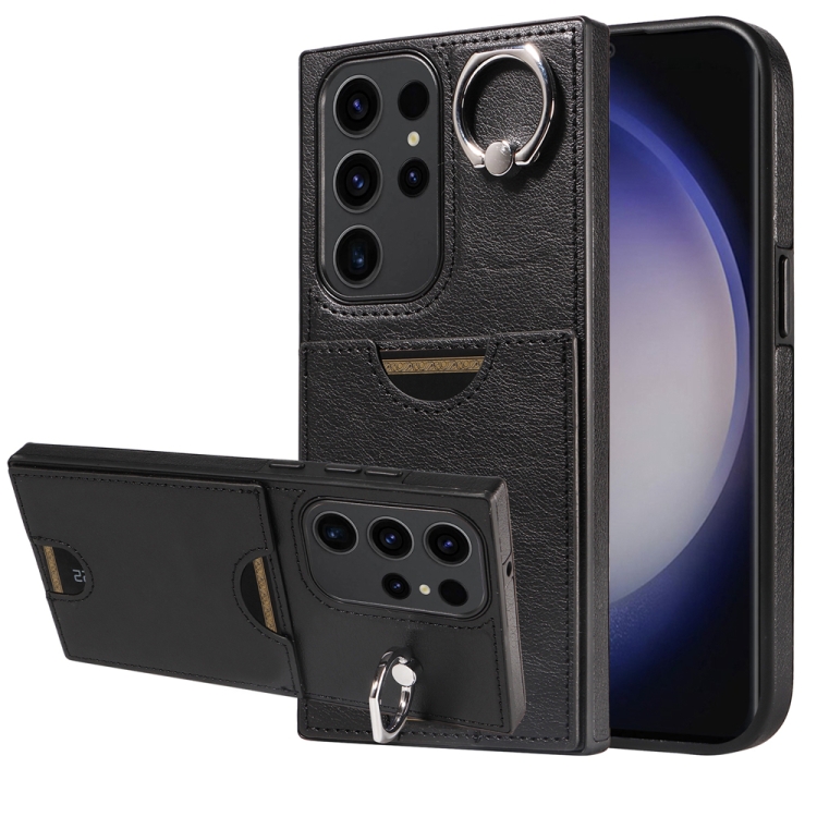 

For Samsung Galaxy S23 Ultra 5G Calf Texture Card Slot Ring Holder Phone Case(Black)