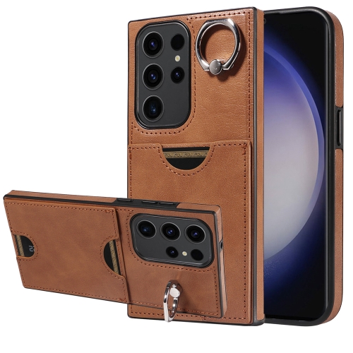 

For Samsung Galaxy S23 Ultra 5G Calf Texture Card Slot Ring Holder Phone Case(Brown)