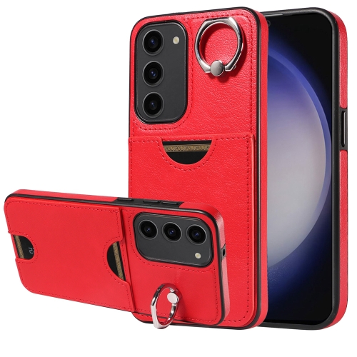 

For Samsung Galaxy S23+ 5G Calf Texture Card Slot Ring Holder Phone Case(Red)