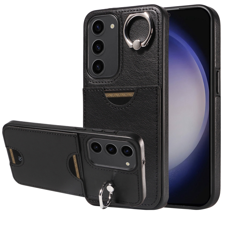 

For Samsung Galaxy S23+ 5G Calf Texture Card Slot Ring Holder Phone Case(Black)