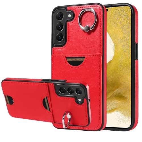 

For Samsung Galaxy S22+ 5G Calf Texture Card Slot Ring Holder Phone Case(Red)