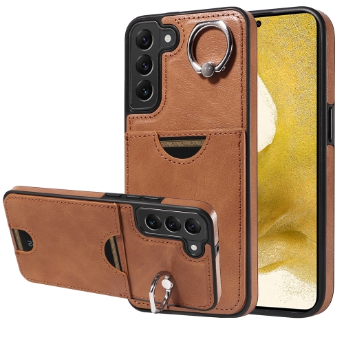 

For Samsung Galaxy S22+ 5G Calf Texture Card Slot Ring Holder Phone Case(Brown)