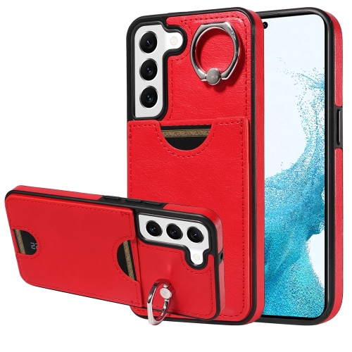 

For Samsung Galaxy S22 5G Calf Texture Card Slot Ring Holder Phone Case(Red)