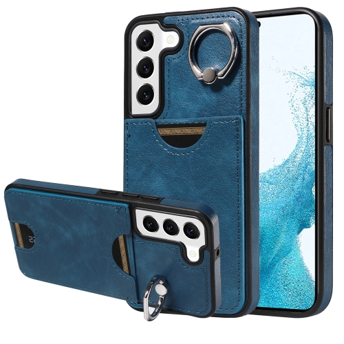 

For Samsung Galaxy S22 5G Calf Texture Card Slot Ring Holder Phone Case(Blue)