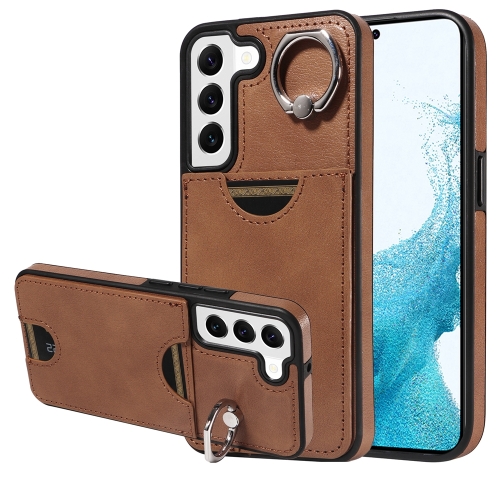 

For Samsung Galaxy S22 5G Calf Texture Card Slot Ring Holder Phone Case(Brown)