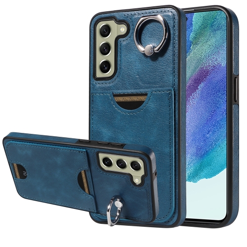 

For Samsung Galaxy S21 FE 5G Calf Texture Card Slot Ring Holder Phone Case(Blue)