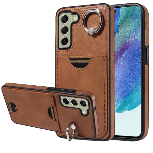 

For Samsung Galaxy S21 FE 5G Calf Texture Card Slot Ring Holder Phone Case(Brown)