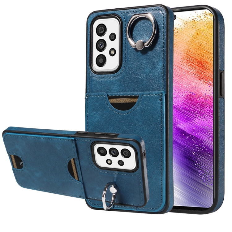 

For Samsung Galaxy A73 5G Calf Texture Card Slot Ring Holder Phone Case(Blue)