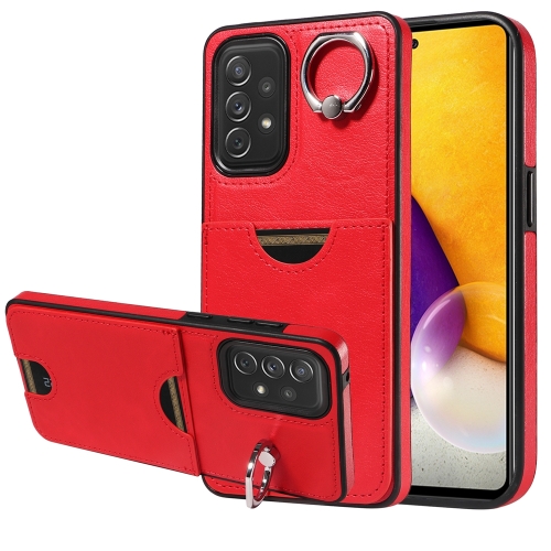 

For Samsung Galaxy A72 Calf Texture Card Slot Ring Holder Phone Case(Red)