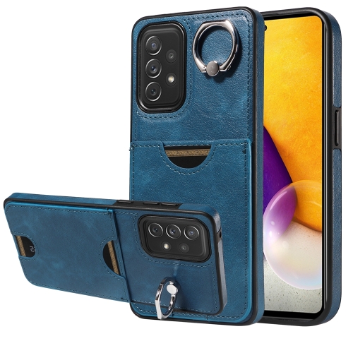 

For Samsung Galaxy A72 Calf Texture Card Slot Ring Holder Phone Case(Blue)