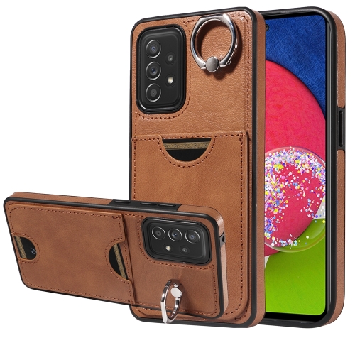 

For Samsung Galaxy A52 5G / 4G / A52s 5G Calf Texture Card Slot Ring Holder Phone Case(Brown)